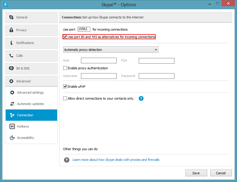Skype Options: Use port 80 and 443 as alternatives for incoming connections